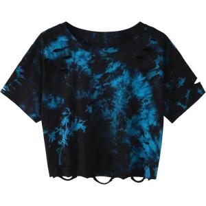 image:imageAvanova Womens Short Sleeve Tie Dye Ripped Crop Top Distressed TShirt Gothic Streetwear Y2K TeeBlue Black