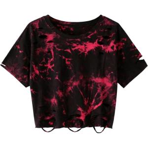 image:imageAvanova Womens Short Sleeve Tie Dye Ripped Crop Top Distressed TShirt Gothic Streetwear Y2K TeeRed Black