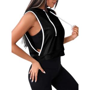 image:imageAvanova Womens Workout Shirts Sleeveless Hoodies Drawstring Open Side Gym Cropped Tank TopBlk With W Trim