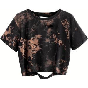 image:imageAvanova Tie Dye Shirt Women Ripped Short Sleeve Crop Tops Distressed Cropped T Shirts for Concert Halloween Goth RockCoffee Brown