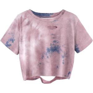 image:imageAvanova Tie Dye Shirt Women Ripped Short Sleeve Crop Tops Distressed Cropped T Shirts for Concert Halloween Goth RockDusty Pink Blue