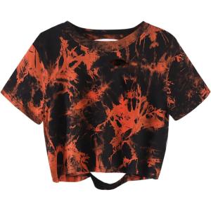 image:imageAvanova Tie Dye Shirt Women Ripped Short Sleeve Crop Tops Distressed Cropped T Shirts for Concert Halloween Goth RockOrange Black