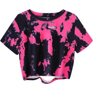 image:imageAvanova Tie Dye Shirt Women Ripped Short Sleeve Crop Tops Distressed Cropped T Shirts for Concert Halloween Goth RockPink Black