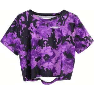 image:imageAvanova Tie Dye Shirt Women Ripped Short Sleeve Crop Tops Distressed Cropped T Shirts for Concert Halloween Goth RockPurple Black