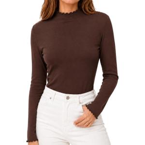 image:imageAvanova Women Lettuce Trim Mock Neck Long Sleeve Tops Slim Fitted Layering T ShirtsBrown
