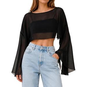image:imageAvanova Women Sheer Mesh Crop Top Sexy Bell Long Sleeve Tops Boat Neck See Through ShirtsBlack