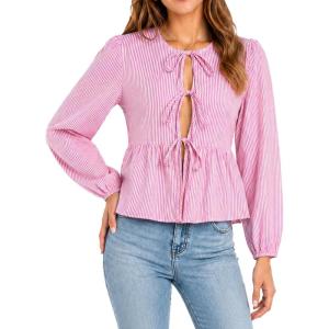 image:imageAvanova Women Striped Tie Front Peplum Top Long Sleeve Blouse Ruffled Hem ShirtPink