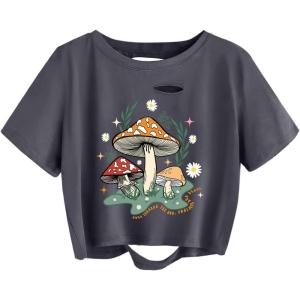 image:imageAvanova Vintage Mushroom Graphic Cropped Tee Shirts Short Sleeve Crop Tops Distressed Ripped TShirtGrey