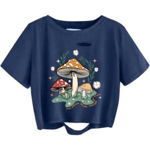 image:imageAvanova Vintage Mushroom Graphic Cropped Tee Shirts Short Sleeve Crop Tops Distressed Ripped TShirtNavy