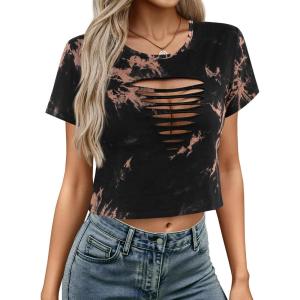 image:imageAvanova Women Ripped Cut Out T Shirts Short Sleeve Cropped Distressed Crop Tops for Punk Rock ConcertBlack Brown