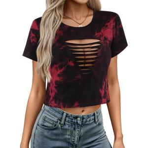 image:imageAvanova Women Ripped Cut Out T Shirts Short Sleeve Cropped Distressed Crop Tops for Punk Rock ConcertBlack Red