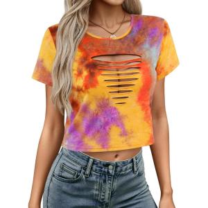 image:imageAvanova Women Ripped Cut Out T Shirts Short Sleeve Cropped Distressed Crop Tops for Punk Rock ConcertMulti Orange