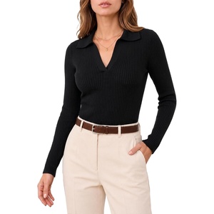 image:imageAvanova Womens Ribbed Knit Sweater Slim Fit Collared V Neck Dressy Top for Elegant Work to WeekendBlack