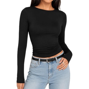 image:imageAvanova Women Ruched Long Sleeve Crop Top Slim Fitted Going Out ShirtsBlack